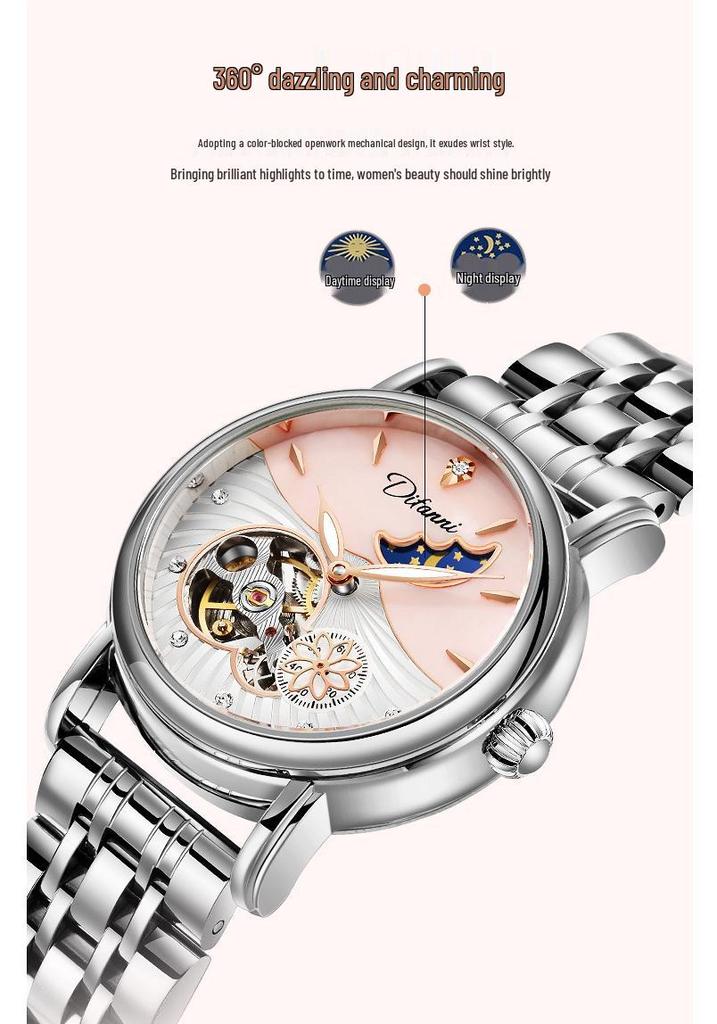 Genuine Automatic Mechanical Waterproof Watch for Women - Trendy Multi-Functional with Day, Date, Month, Year, and Starry Design.