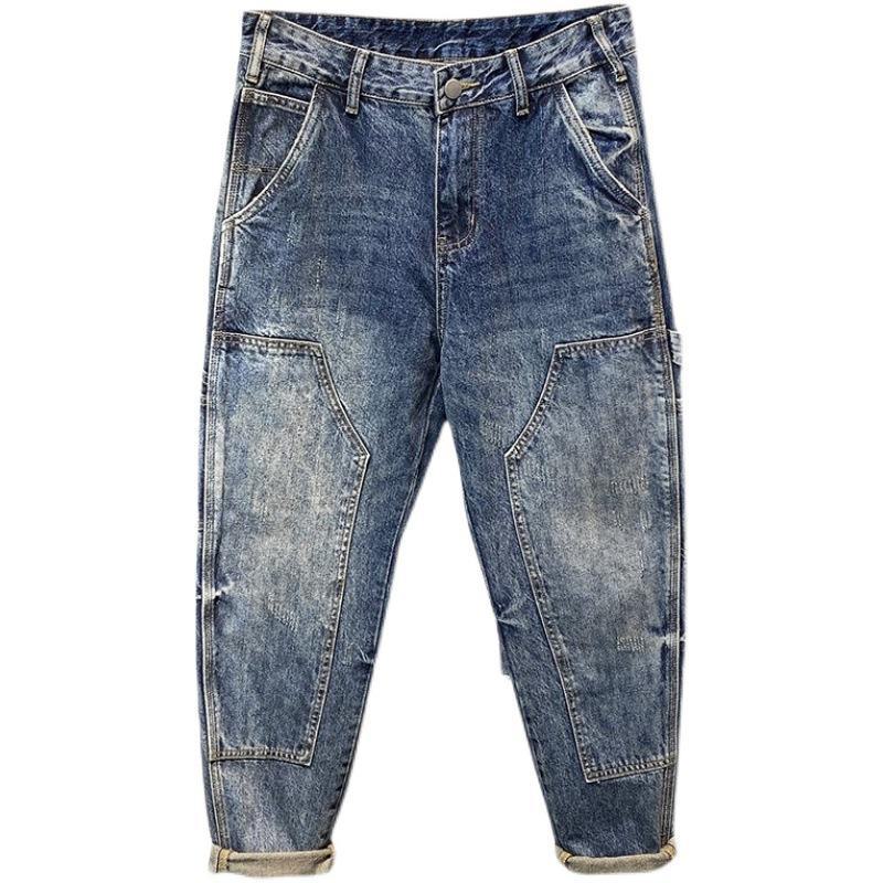 Men's Retro Patchwork Workwear Jeans: Korean Style, Loose Fit, Harem Straight Pants for Autumn and Winter