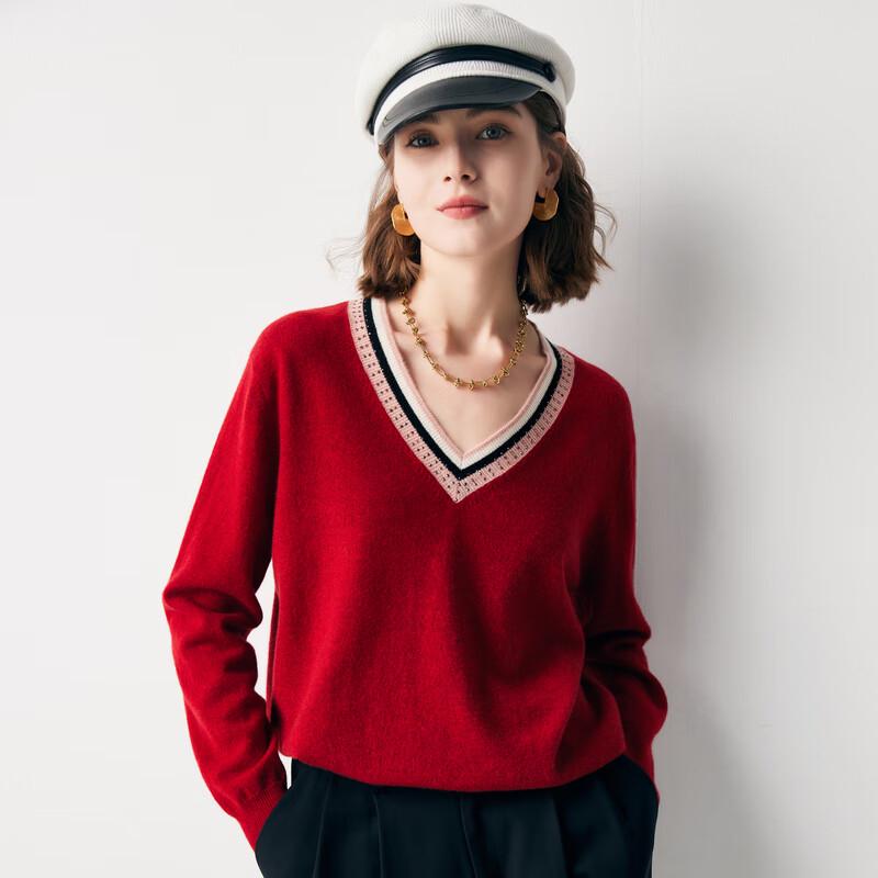 Parlo Women's V-Neck Color Block Cashmere Sweater