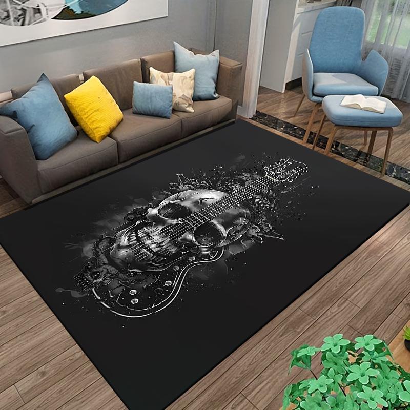 Guitar Design Black Carpet with Skull Patterns for Music Lovers Decor Suitable for Use As an Anti-slip for Living Room Bedroom Sofas