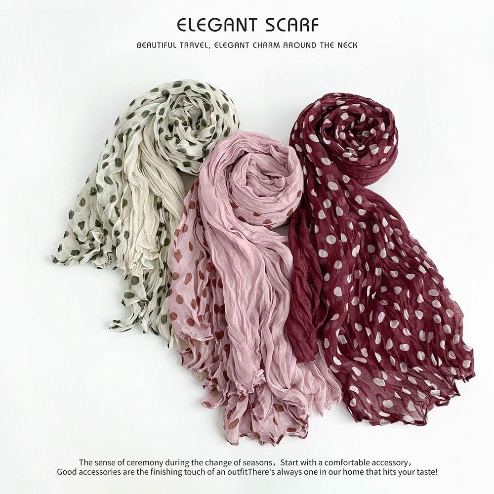 Cotton Linen Texture Wave Point Scarf Retro Print Wrinkle Twisted Pleated Scarf Long Pleated Thin Scarf Print Dots Scarf