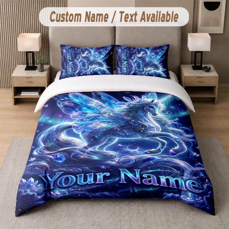 Unicorn Theme Custom Text Or Name 3Pcs Bedding Set 1 Flat Sheet & 2 Pillowcases Personalized Home Bedding