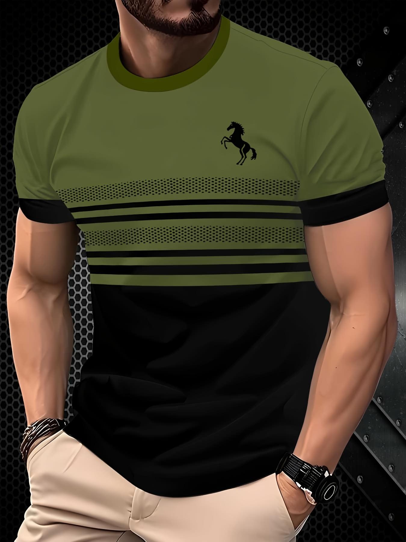

Мужская футболка в полоску с 3D-принтом лошади, повседневная летняя спортивная одежда, круглый вырез, черно-бело-зеленая 6XL