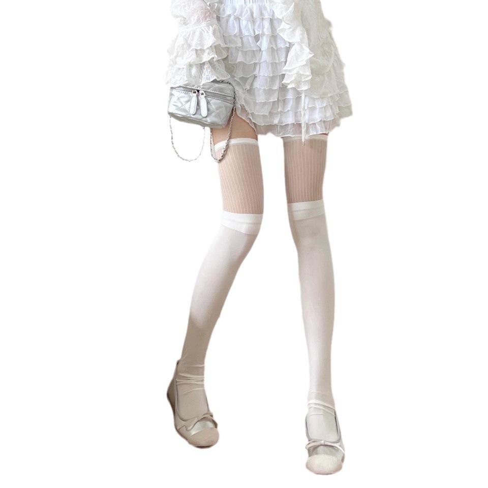 Spring And Summer Thin Lolita White Silk Vertical Striped Stockings Pure Lust Jk Hot Girl Black Silk Splicing Thin Knee Socks