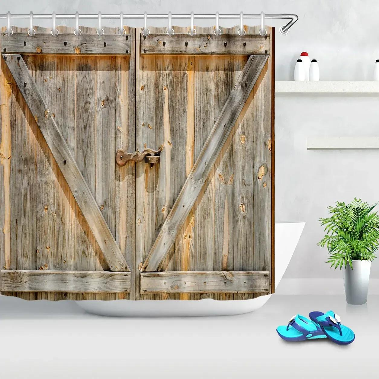 

Rustic Wooden Barn Door Decor Shower Curtain For Bathroom Western Country Theme Vintage Rural Farm House Door Bath Curtains Set W60H190(CM)-1 Pcs