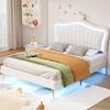 Children's Upholstered Bed 140 x 200 cm, White Crown Double Bed Frame made of PU Leather with LED Lights, Slat Frame, Backrest (Mattress not included)