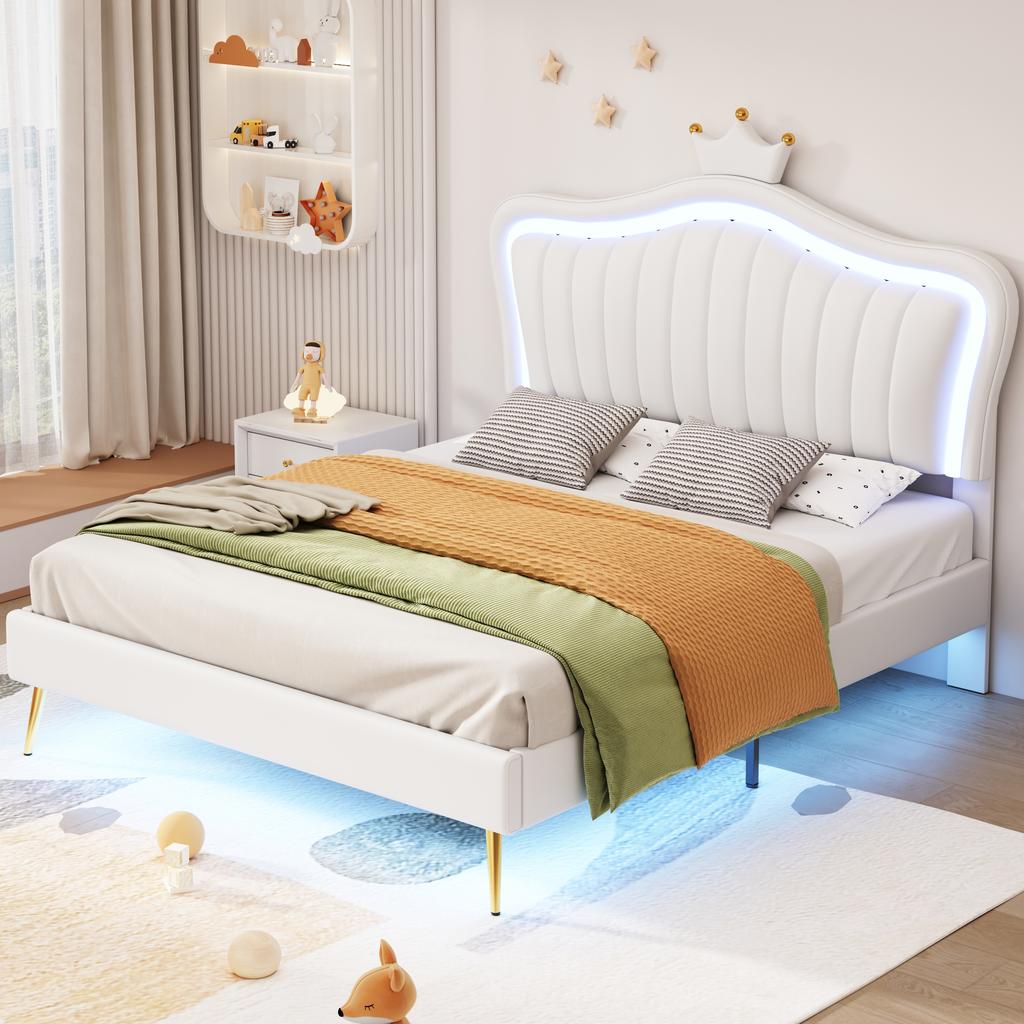 Children's Upholstered Bed 140 x 200 cm, White Crown Double Bed Frame made of PU Leather with LED Lights, Slat Frame, Backrest (Mattress not included)