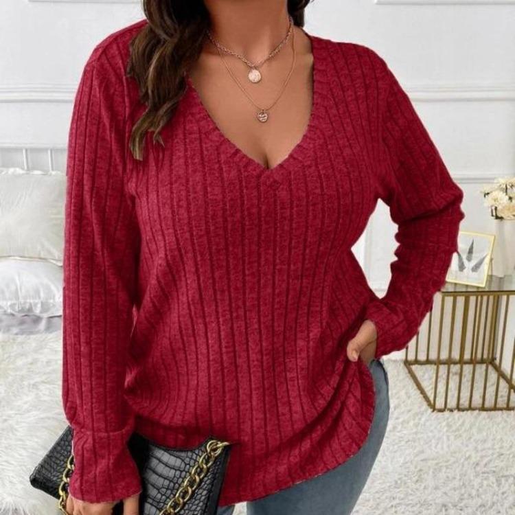 Women Plus Size Long Sleeve T-Shirt V Neck Striped Knitted Top Casual Loose Blouse Spring Solid Color Tops 5XL