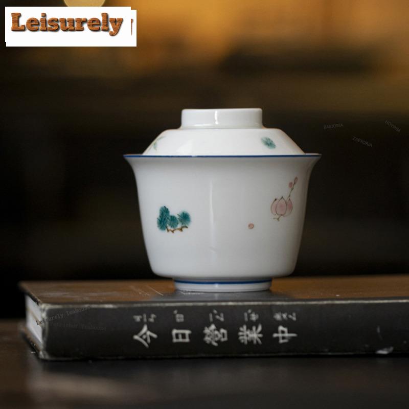 HOYIHM 111ml Retro Jade Mud White Porcelain Handpainted Gaiwan Zen Tea Tureen Tea Bowl With Lid Kit Tea Maker Cover Bowl Gifts