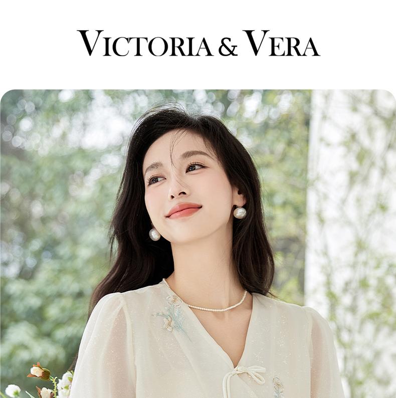 New Chinese style buckle V-neck embroidered pearl fabric hem with ruffle edge for age reducing, lightweight and breathable short sleeved shirt