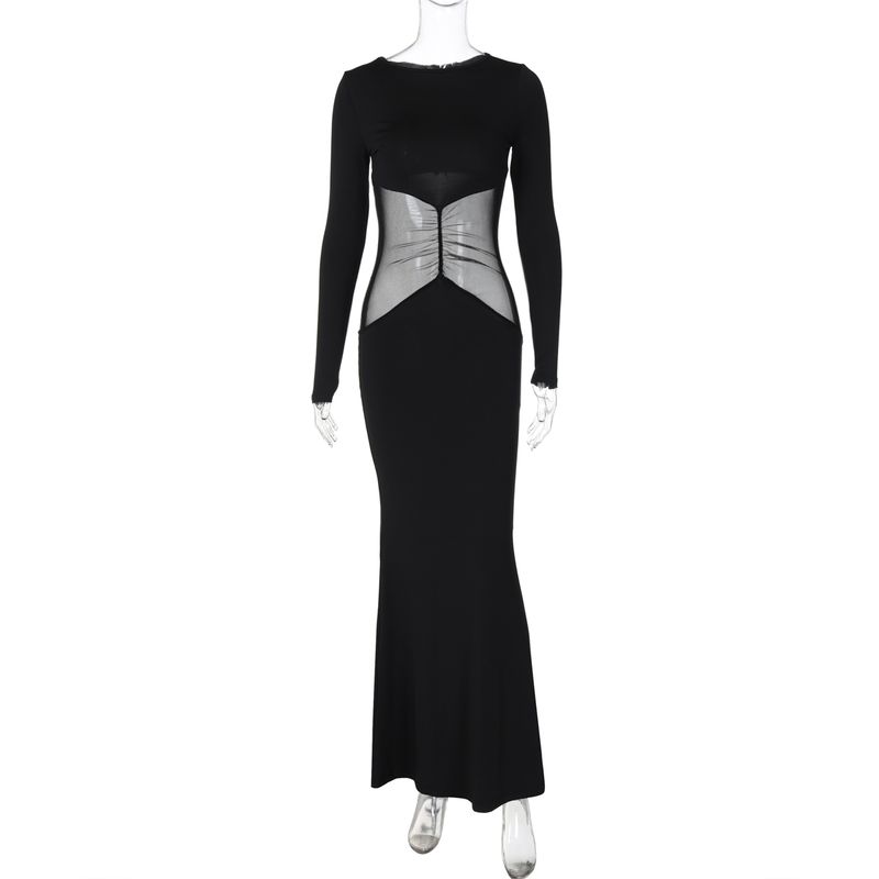 

Shemoda Fashion Style Sexy Mesh Stitching Cut Out round-Neck Long-Sleeved Dress Women s Sexy Silm Long Skirt Black S