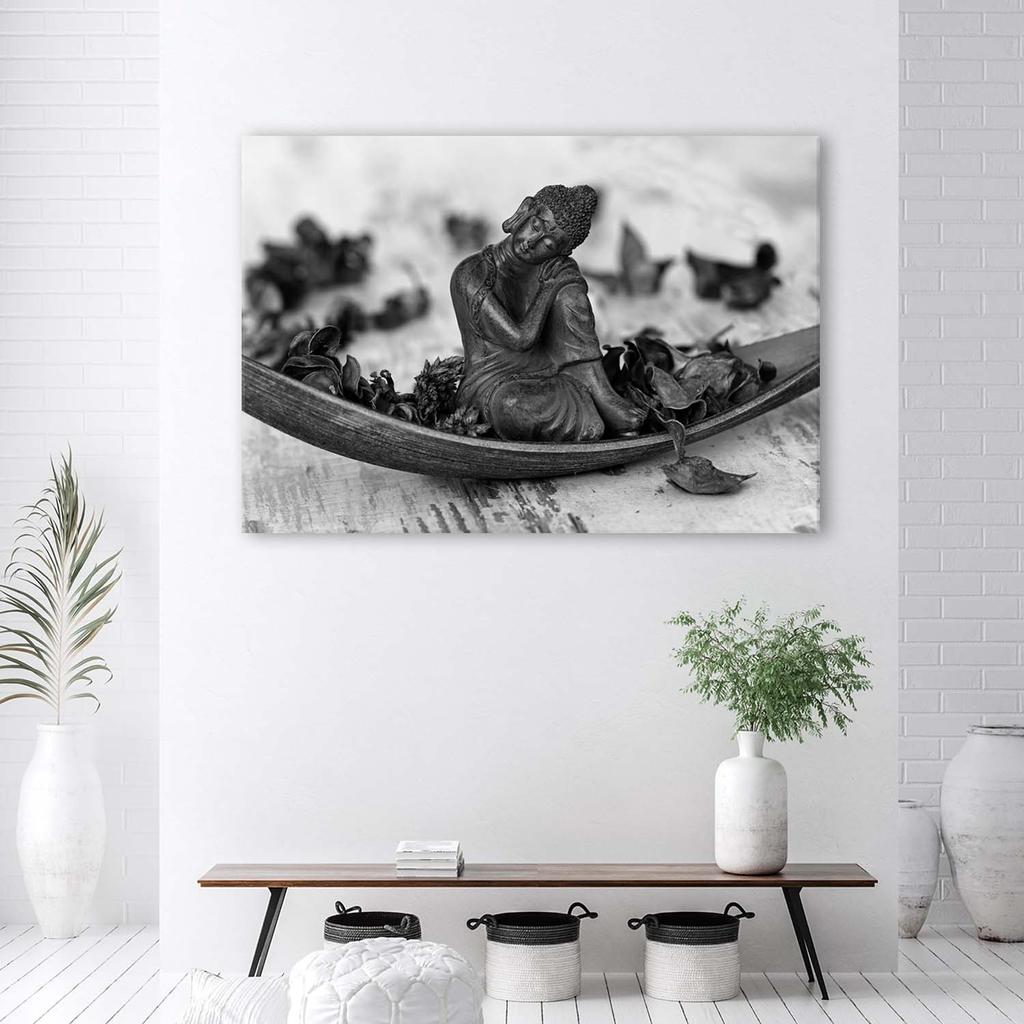 Canvas Print, Buddha and Flower Petals - Black and White