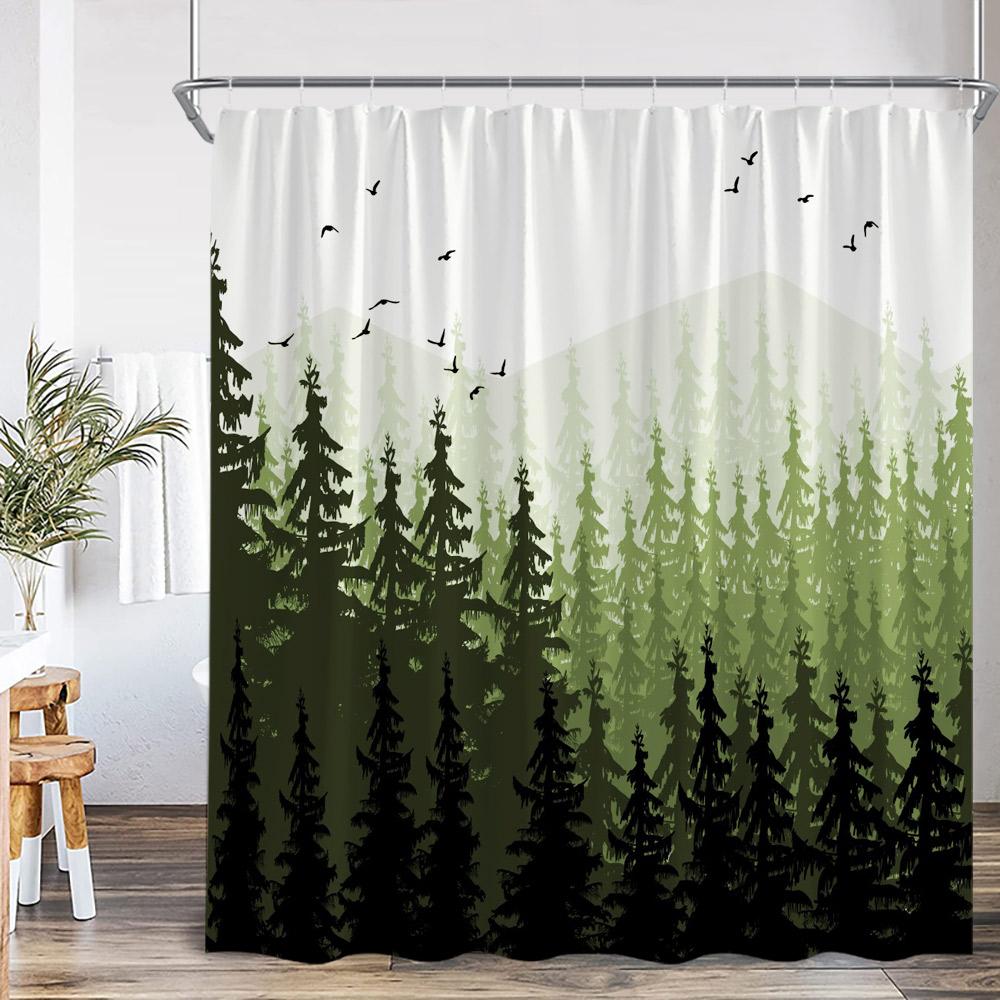 Misty Forest Shower Curtain Foggy Woodland Cloud Pine Tree Nature Nordic Bathroom Decor Modern Minimalist Bath Curtain with Hook