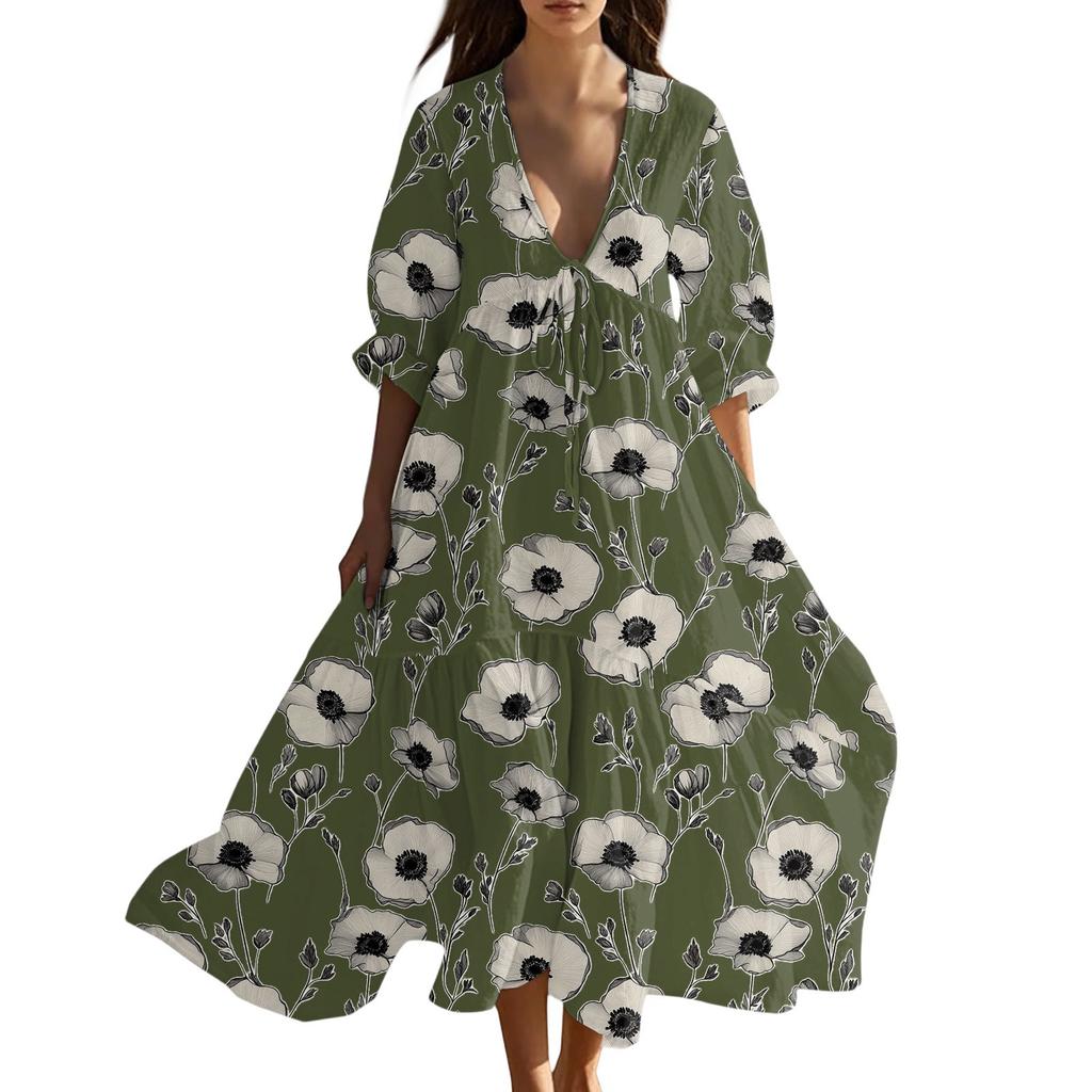Women's Summer Fashion V-neck Retro Floral Print Short Sleeved Beach Dress With Lace Patchwork Dress