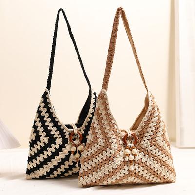 Hohle Schulter Baumwollgarn Gewebte Tasche Fransen Stroh Gewebte Tasche Urlaubs-Stil Strandtasche Vielseitige Damen Tasche