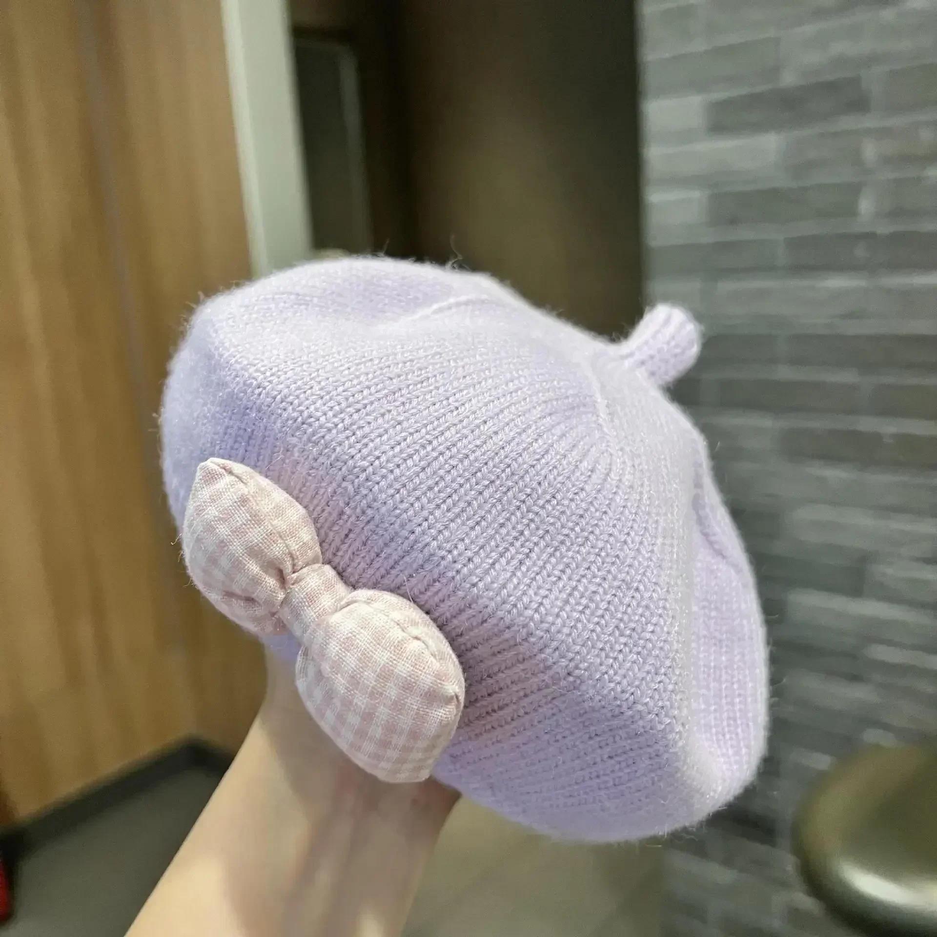 

Цветочная детская шапка-берет, однотонная зимняя теплая вязаная шапка-бини для маленьких девочек, корейские шапки для принцесс, художников и художников 3-48 months