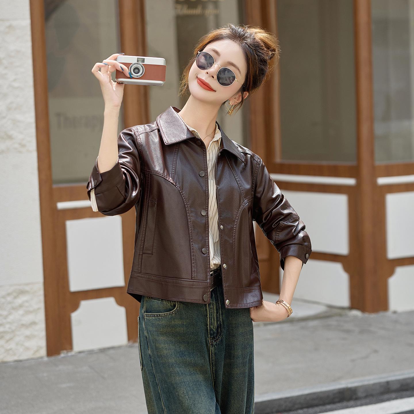 

2025 Spring/Autumn Women s Genuine Lambskin Lapel Jacket - Trendy Short Casual Leather Coat XXL кавовий