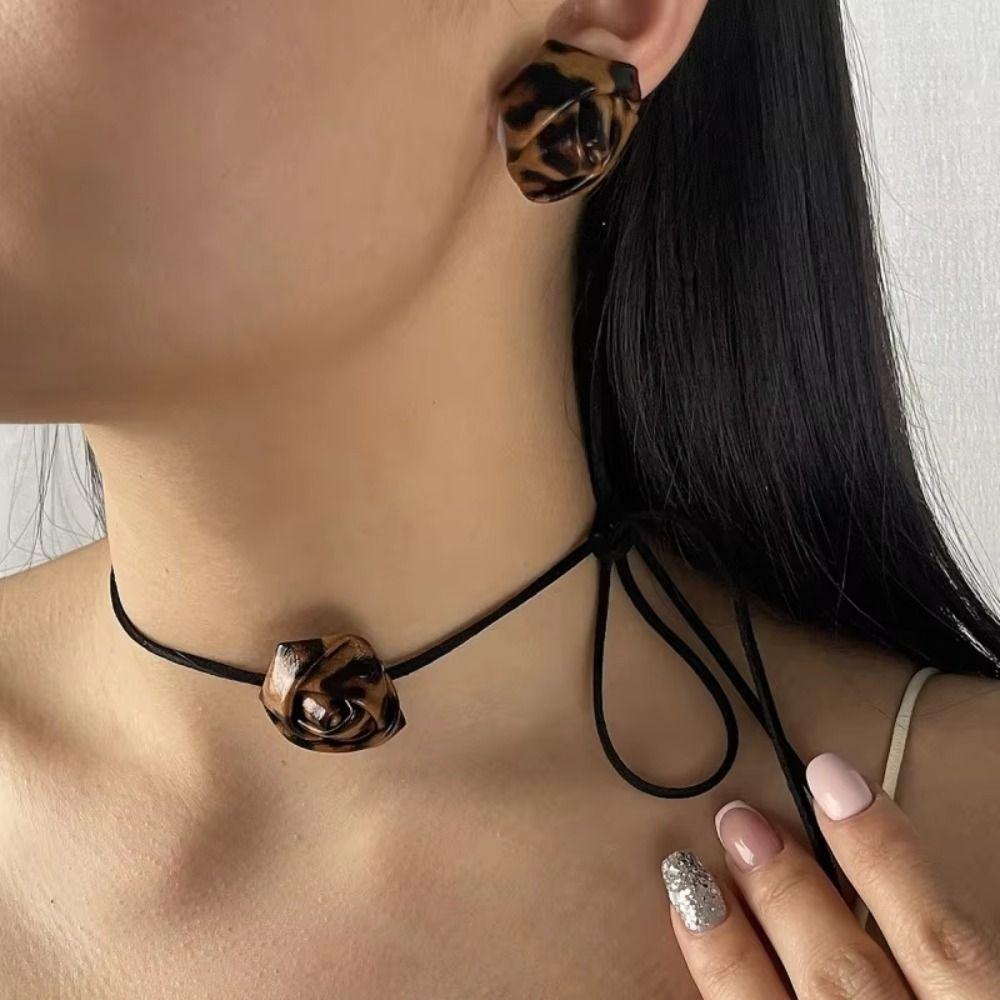 Retro Style Rose Flower Necklace PU Leather Flower Stud Earrings Adjustable Rope Choker  Women