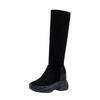 Women's Black Suede Knee-High Boots - 8CM Height Increase, Thick Sole, Plus Velvet, Elastic, 2025 Autumn/Winter Collection