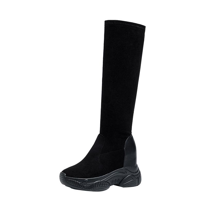 Women's Black Suede Knee-High Boots - 8CM Height Increase, Thick Sole, Plus Velvet, Elastic, 2025 Autumn/Winter Collection