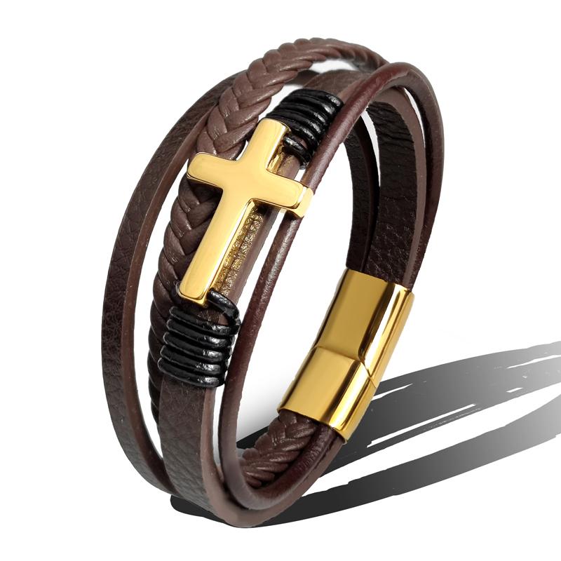 

Charm Stainless Steel Leather Cross Brown/black Bracelet Men Hiphop Jewelry Magnetic Clasp Mutilayer Male Cuff Wrap Bangle Gift 22cm