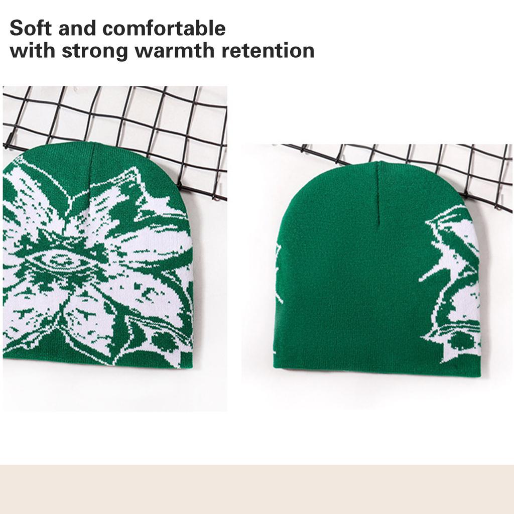 Unisex Jacquard Eye Flower Pattern Knitted Beanies Hat Fashionable Winter Warm Hiphop Bonnet Skull Hat for Men and Women
