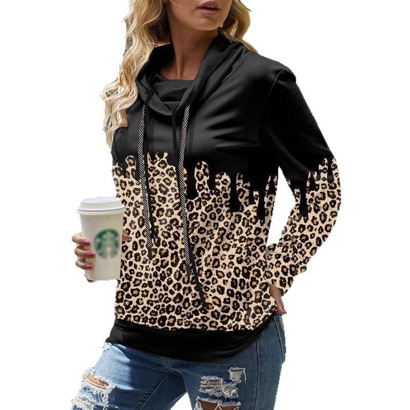 Women's Casual Leopard Print Long Sleeve Pile Collar Double Drawstring Pullover Sweatshirt