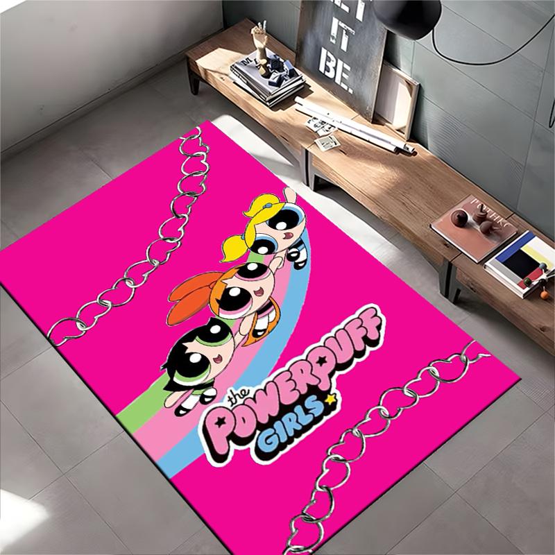 "Powerpuff Girls Cartoon Print Carpet - Pink Kids Room Decor Rug" Suitable for use as an anti-slip for living room bedroom sofas