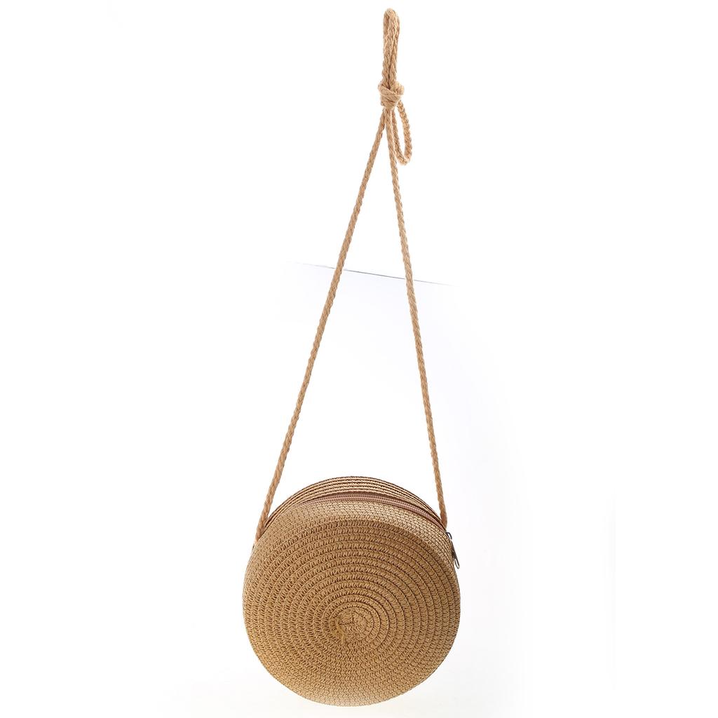 Solid Color Handwoven Bag Round Shoulder Bag Crossbody Bags for Women Girl Straw Woven Bag Large Capacity Beach Bag