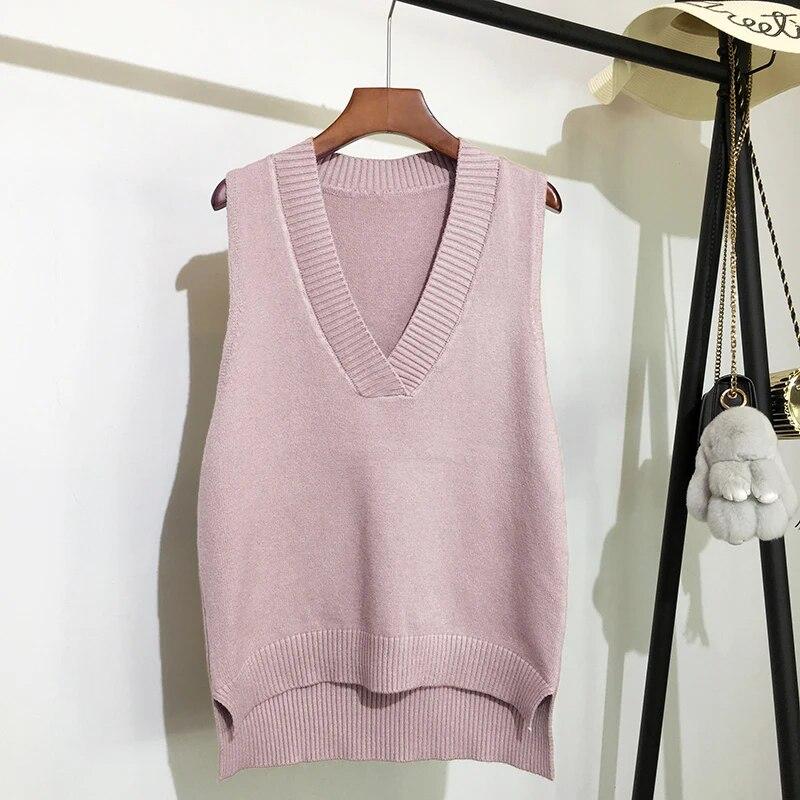 V-neck Knitted Vest Womens Sweater Autumn And Winter 2023 Vinatge Loose Pullover Women Vest Sleeveless Sweaters Fashion 11810