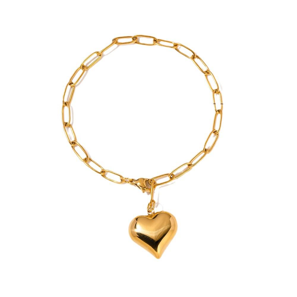 European & American Light Luxury Paperclip Chain Heart Pendant Bracelet in 18K Gold Stainless Steel