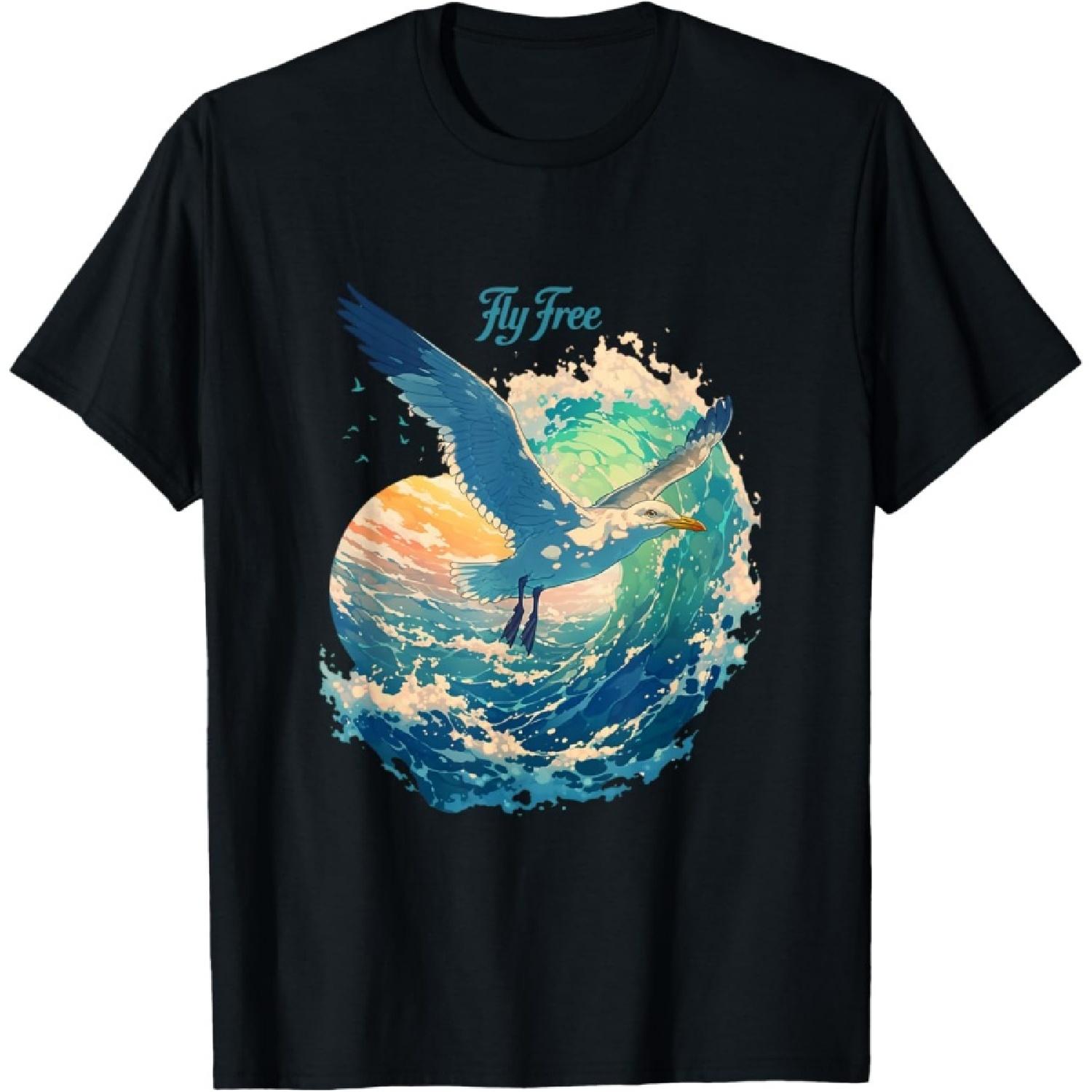 Fly Free Seagull Ocean Sunset Scene Coastal T-Shirt S