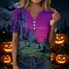 Womens Casual Halloween Printed V Neck Short Sleeve Button Down T Shirt Top for Daily Wear Holiday Party Outfit