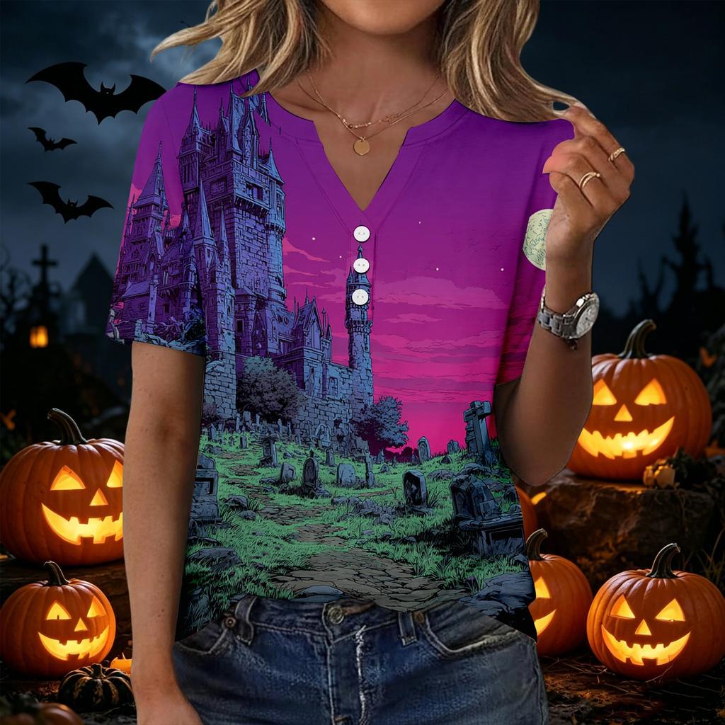 Womens Casual Halloween Printed V Neck Short Sleeve Button Down T Shirt Top for Daily Wear Holiday Party Outfit