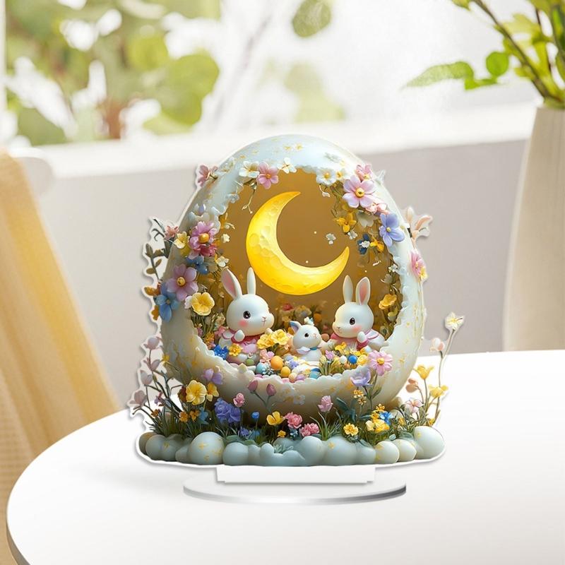 2D Holiday Table top Decoration Acrylic Ornament Features Lovely Rabbit Eggs for Festive Home and Office Display