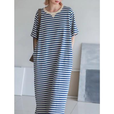 Summer Short-sleeved Striped T-shirt Dress Women's Loose Thin Meat Cover Long Over The Knee Casual Dress