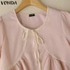 VONDA Summer Women Short Sleeve Bow Knot Lace Hem Casual Cute Tops Cropped Blouse