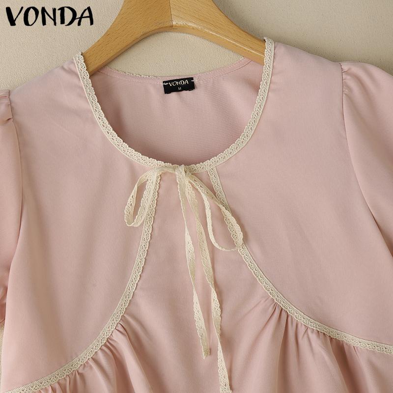 VONDA Summer Women Short Sleeve Bow Knot Lace Hem Casual Cute Tops Cropped Blouse