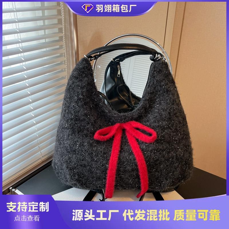 Red plush commuter tote bag women's large-capacity new bow shoulder bag backpack