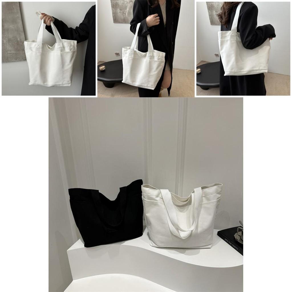 Large Capacity Minimalist Korean Style Solid Color Canvas Tote Bag For Women In Black And White