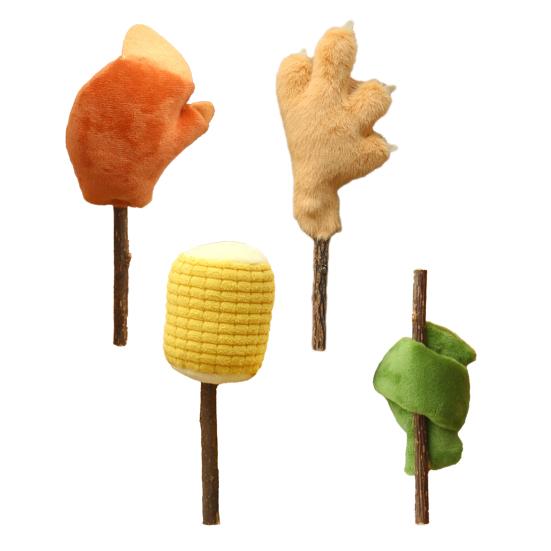 Plush Cat Chew Toy with Bell Natural Silver Vine Catnip Toy Grilled Skewer Shape Kitten Teething Toy for Teeth Cleaning Anxiety Relief