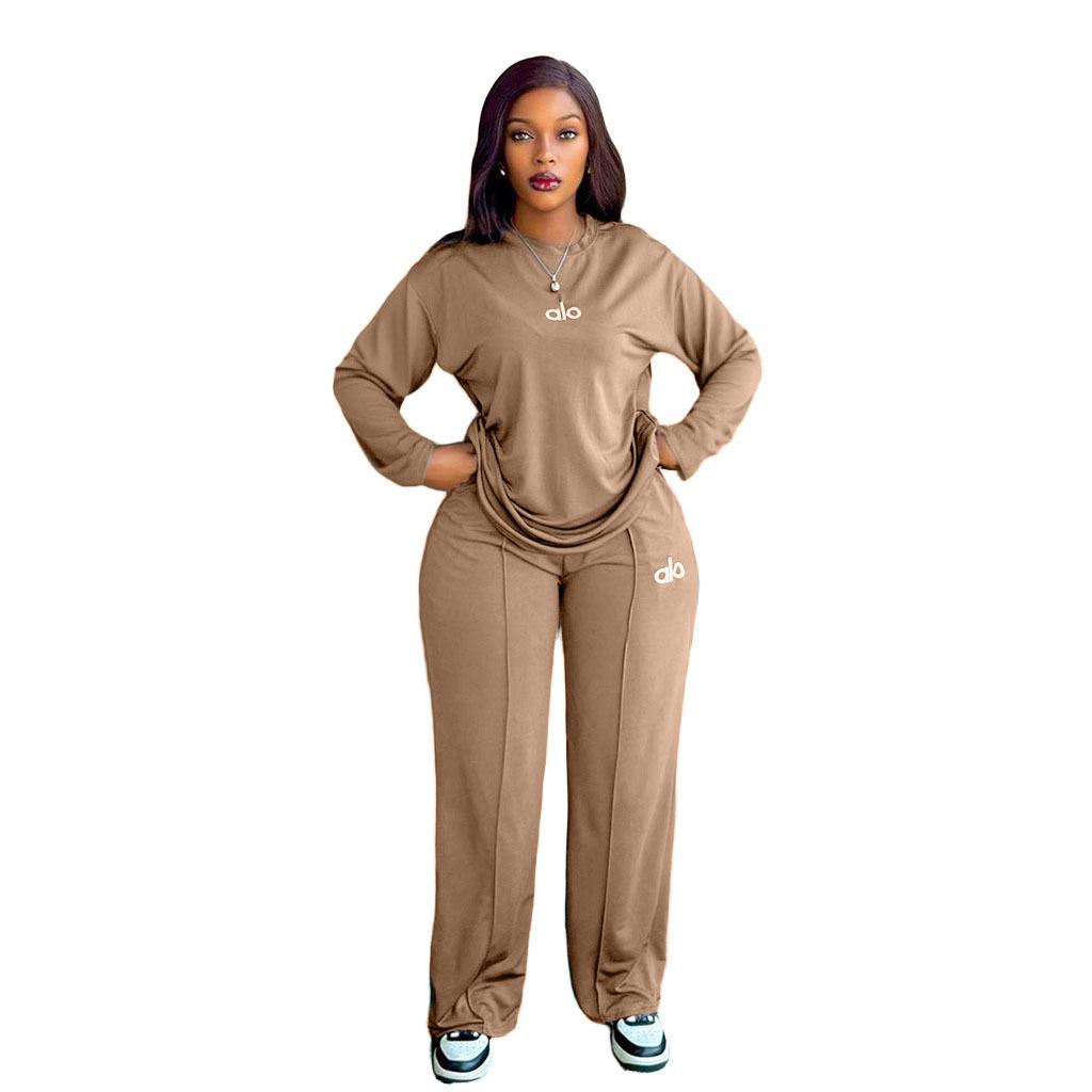 Women's Letter Print Long Sleeve Tracksuit Set Casual Loose Fit Pullover and Wide Leg Pants