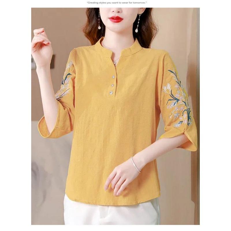 Women Summer Stand Collar Half Button Floral Embroidery Half Sleeve Casual Linen Blend Blouse