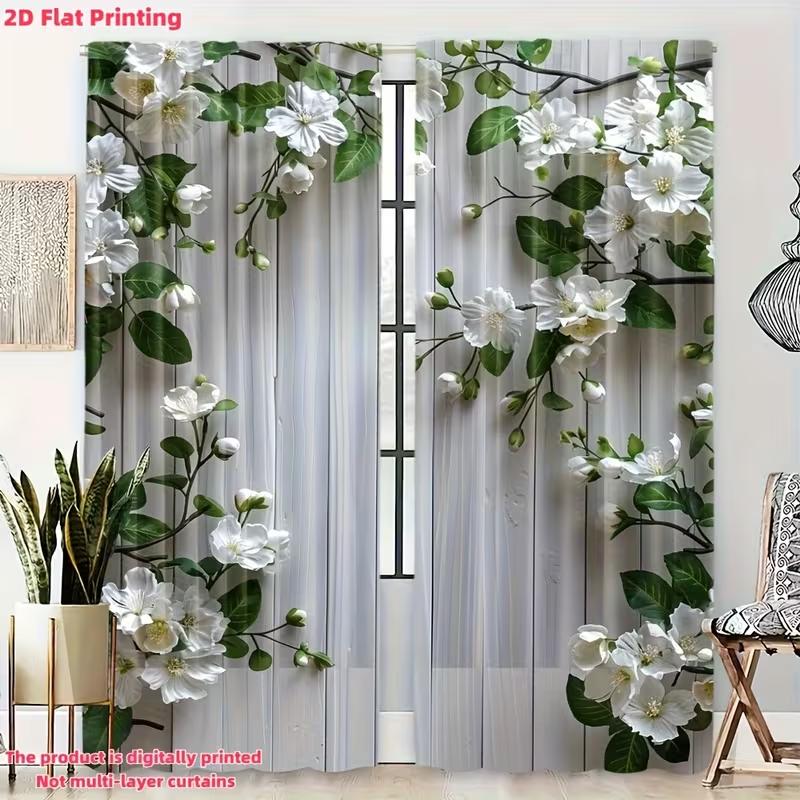 2PC White Floral Grey Wood Sheer Curtains - Fresh Rustic Botanical Print Window Drapes for Living Room Bedroom Decor