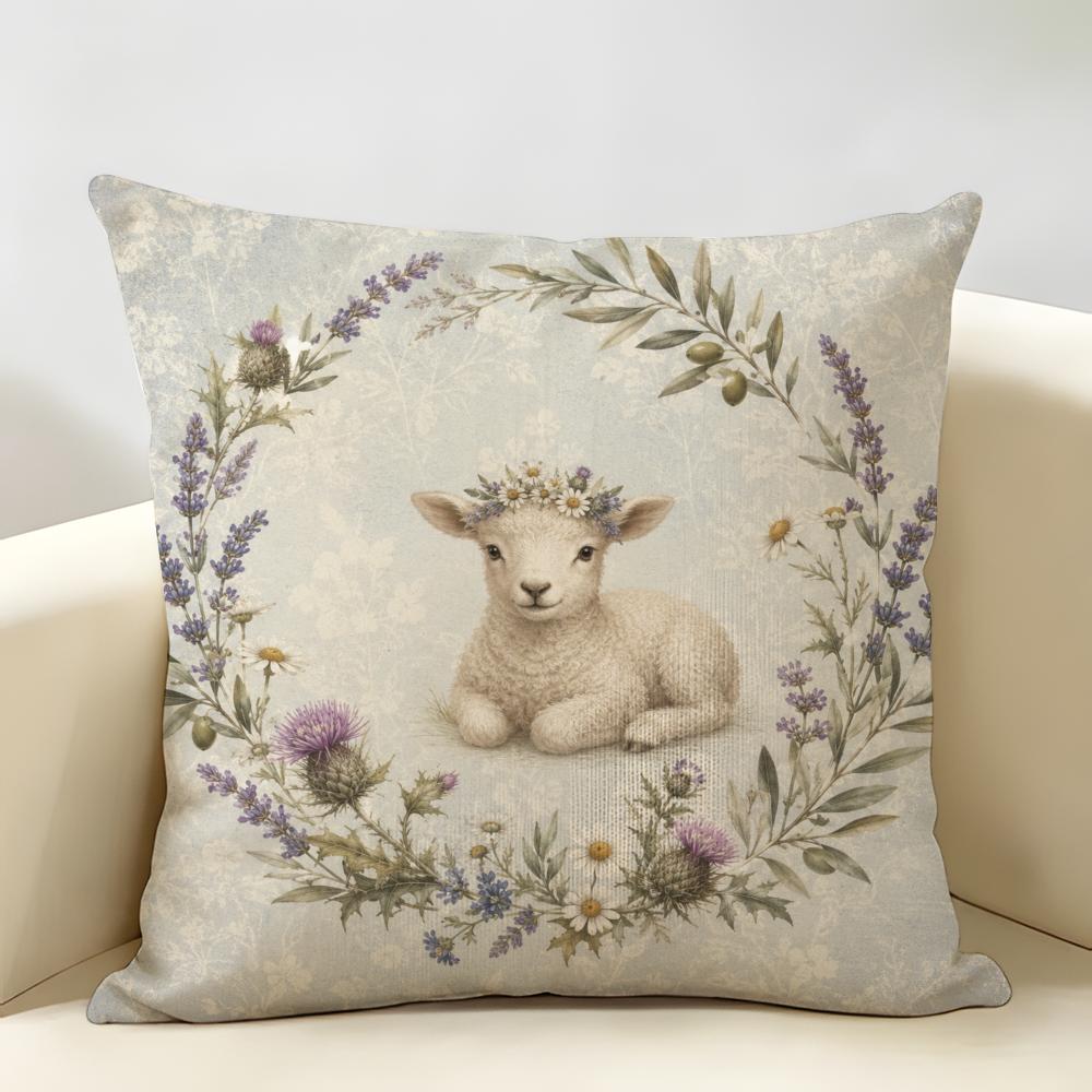 Sheep Lamb Bohemian Flowers Cushion Cover Durable Hypoallergenic Organic Linen Pillow Cover Short Size Washable Skin-Friendly