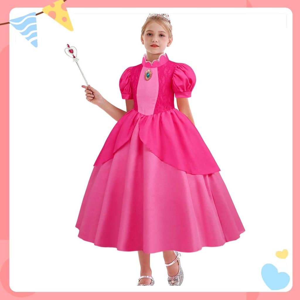 Princess Peach Kids Cosplay Costume Halloween Costume Princess Peach Dress Accessories Crown Earrings Gloves Necklace Ring Bracelet Cosplay Costume