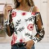 Plus Size Women Asymmetric Shoulder Long Sleeve Top Vibrant Tropical Leaf Print Mesh Lace Splicing Blouse