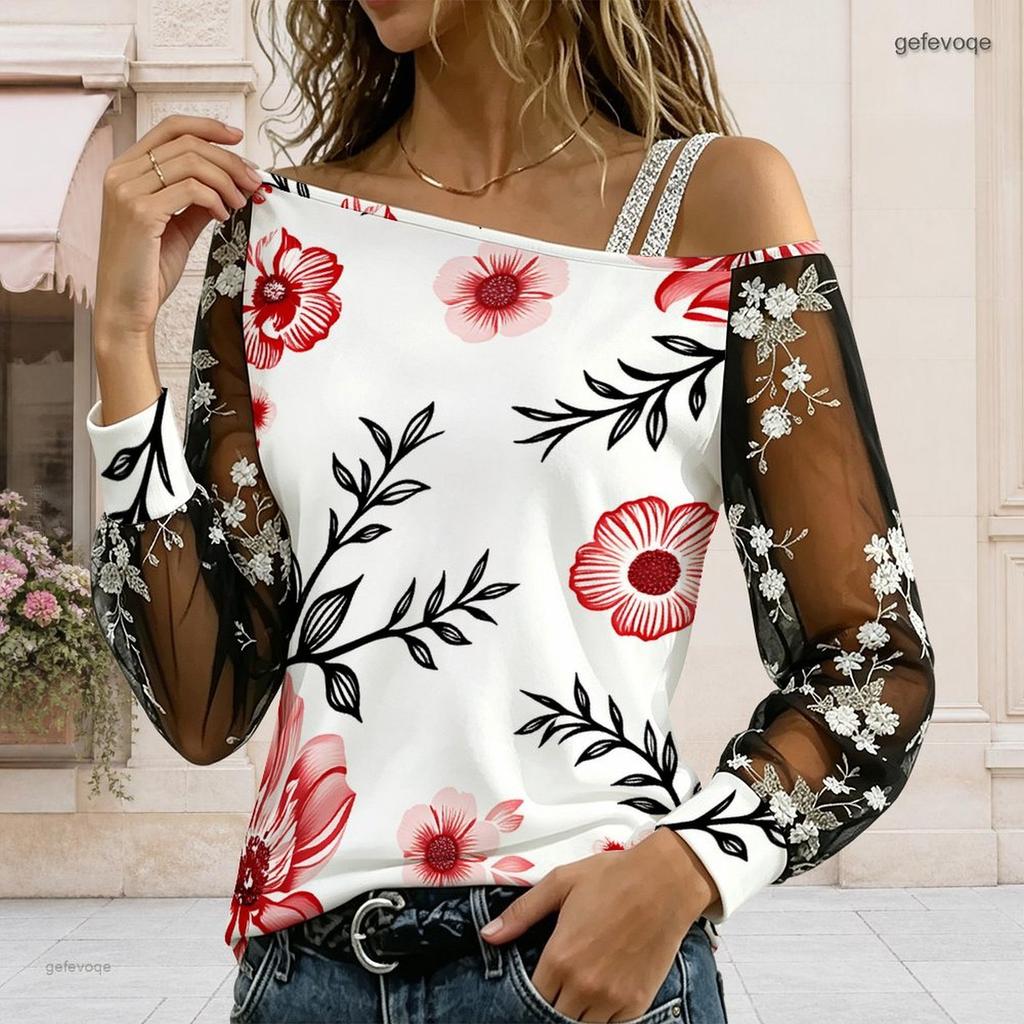 Plus Size Women Asymmetric Shoulder Long Sleeve Top Vibrant Tropical Leaf Print Mesh Lace Splicing Blouse