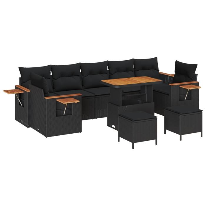 Ensemble de sofa de jardin 10 pièces vidaXL avec coussins en poly rattan noir acacia, Ensemble de salle à manger de jardin 3 3363159