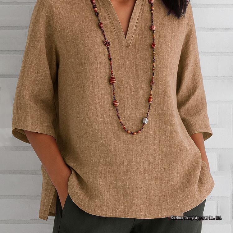 2026 European & American Women's V-Neck, 3/4 Sleeve Cotton Linen Loose Casual Top